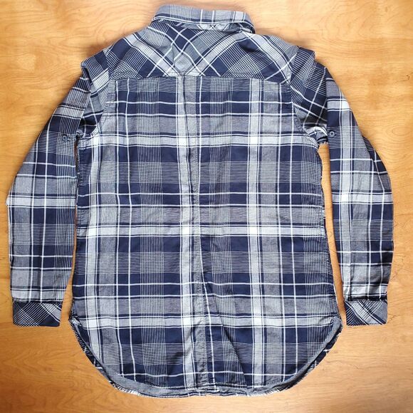 Columbia Plaid Shirt Sz L Times Two Long Sleeve Tunic Blue Roll Tab 100% Cotton - Picture 8 of 11
